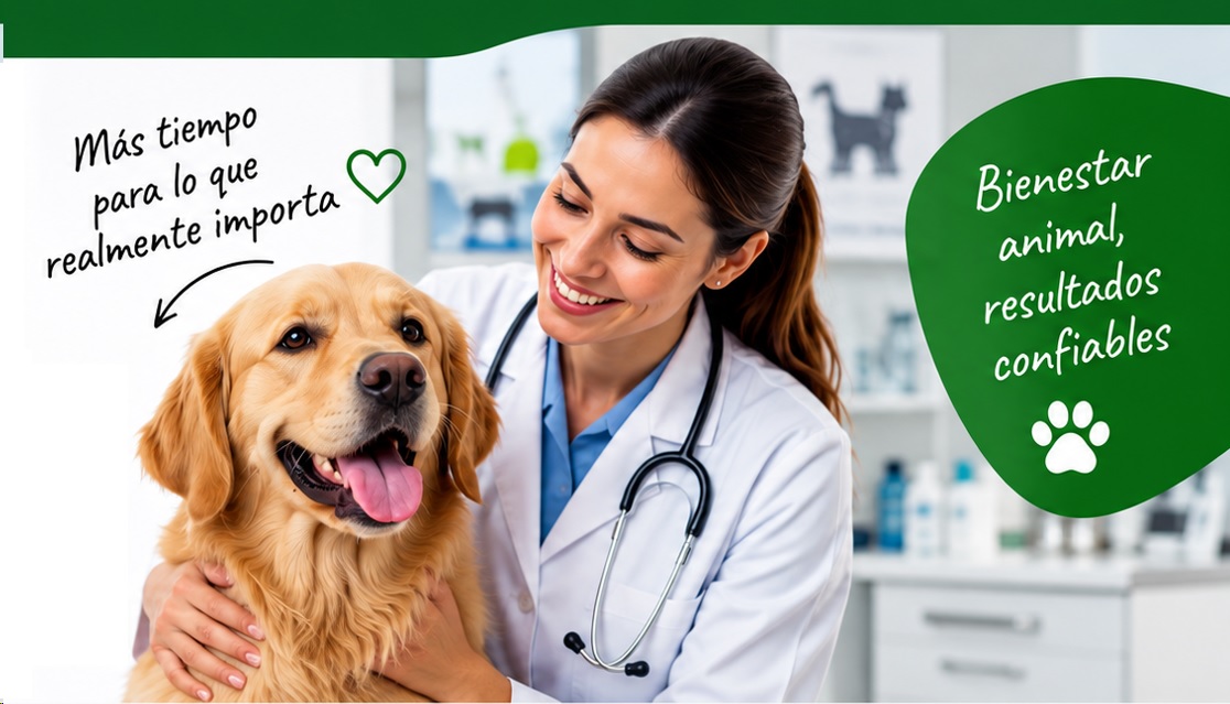 Veterinaria con perro y mensajes de bienestar animal